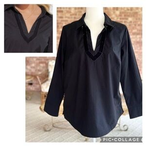 Vineyard Vines Top Black Velvet Trim Popover Minimalist Preppy Trendy NWT M